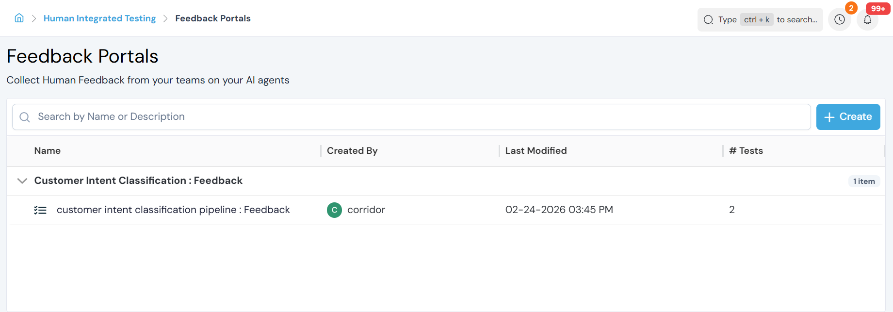 Feedback Portals list page