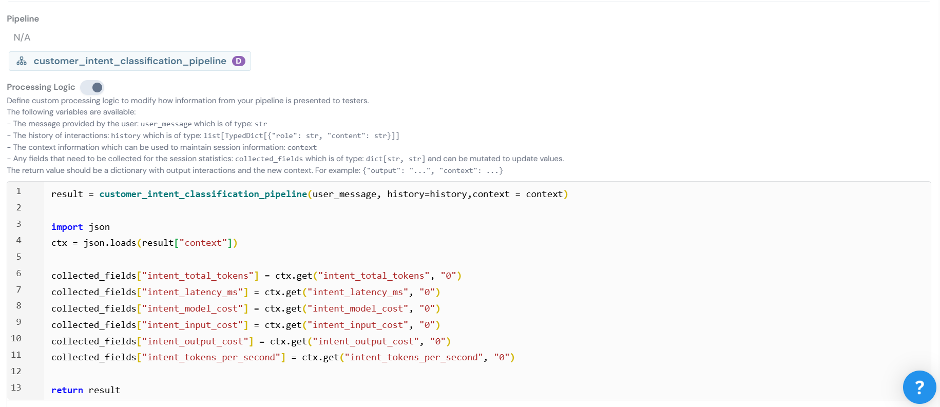 Portal settings — pipeline selector and processing logic code