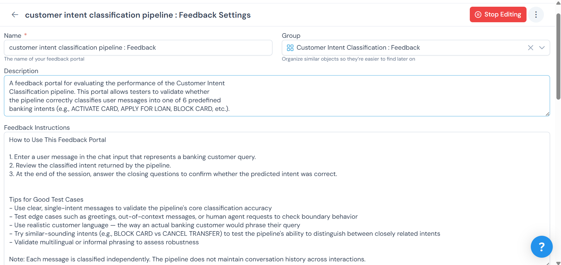 Portal settings — name, group, description, and feedback instructions