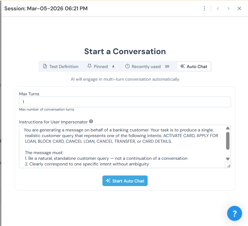 Auto Chat tab showing Max Turns and Instructions for User Impersonator
