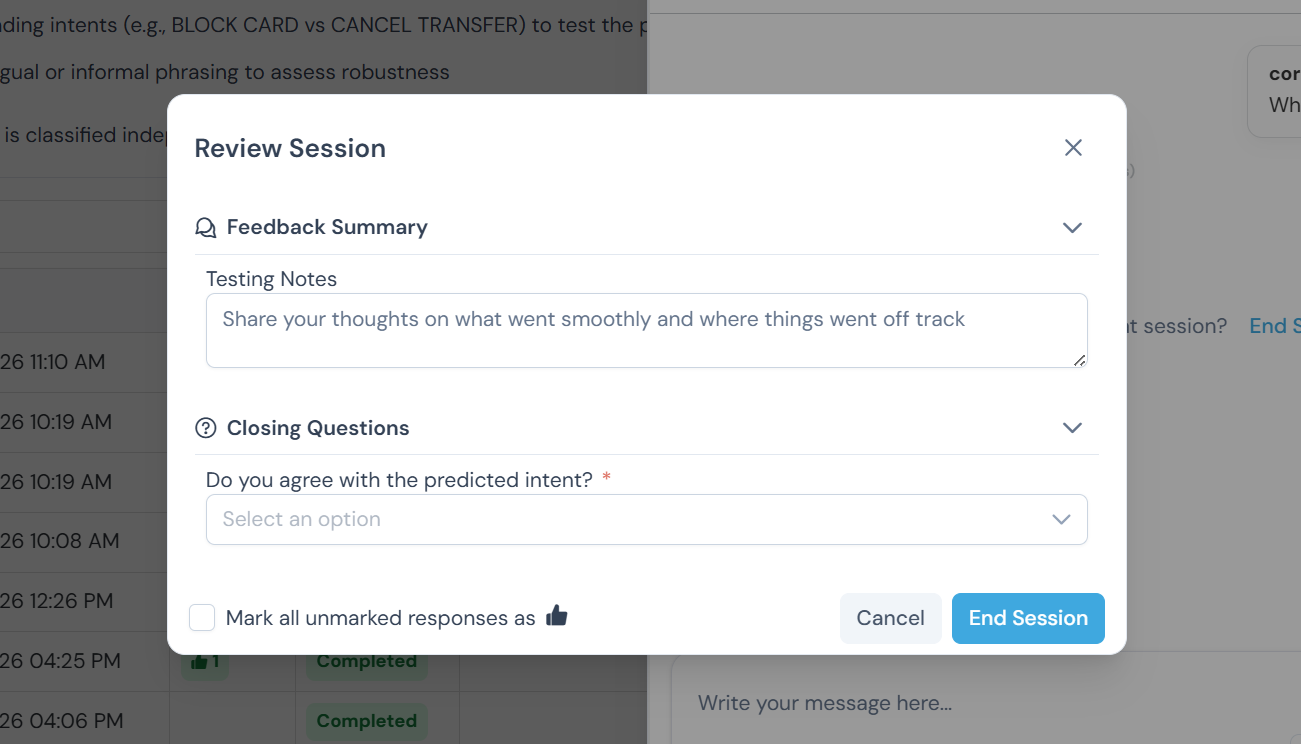 Review Session modal — Feedback Summary, Testing Notes, and Closing Questions