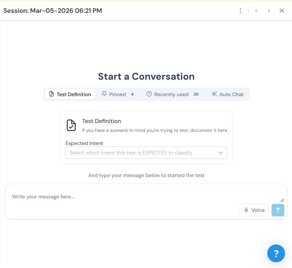 Start a Conversation screen showing Test Definition, Pinned, Recently used, and Auto Chat tabs